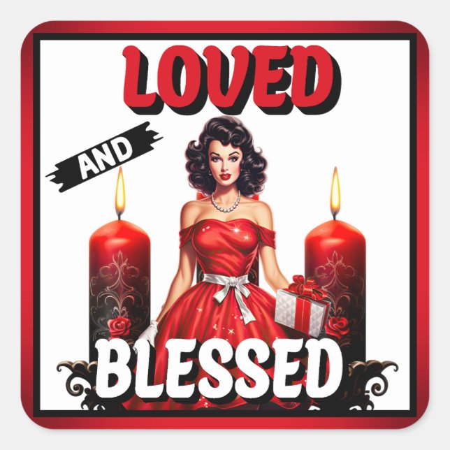 Retro Loved and Blessed Pinup Square Sticker (Front)