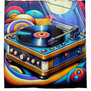 Retro LP Record Player Shower Curtain