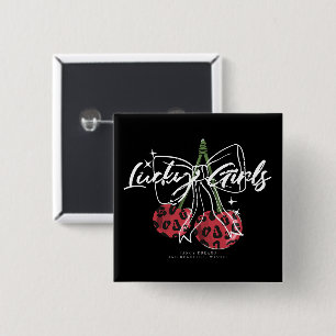 Retro Lucky Girls Cherry Quote 15 Cm Square Badge