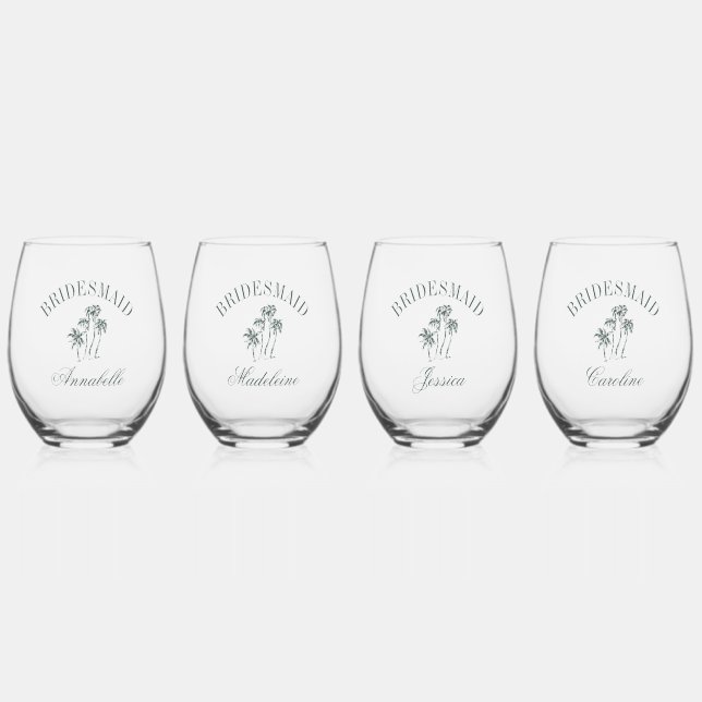 Retro Luxe Beach Palm Trees Bridesmaid Names Stemless Wine Glass (Front)