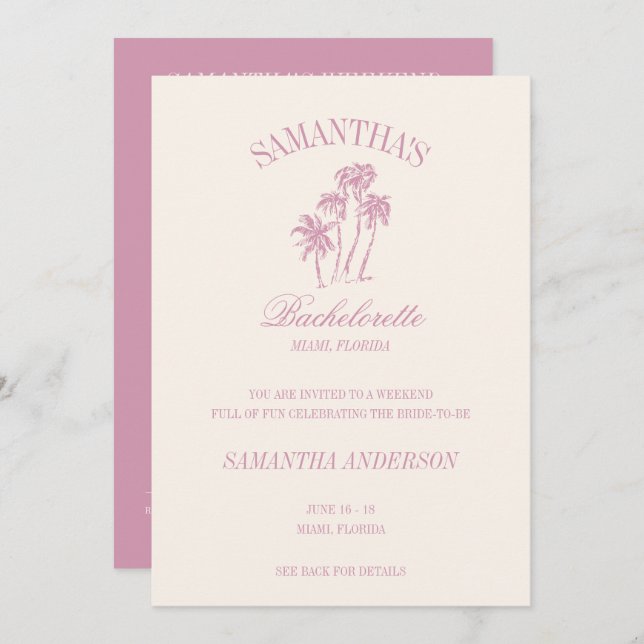 Retro Luxe Pink Palms Bachelorette Logo Girls Trip Invitation (Front/Back)