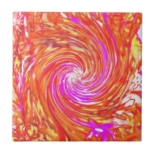 Retro Magenta and Autumn Colours Floral Swirl Ceramic Tile