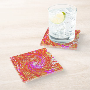 Retro Magenta and Autumn Colours Floral Swirl Glass Coaster