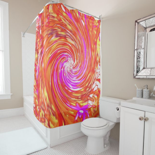 Retro Magenta and Autumn Colours Floral Swirl Shower Curtain (In Situ)