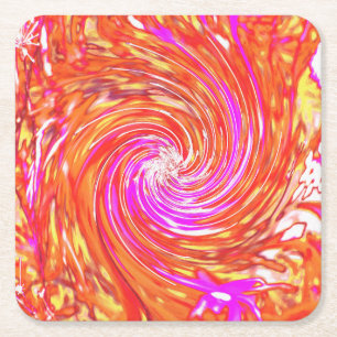 Retro Magenta and Autumn Colours Floral Swirl Square Paper Coaster