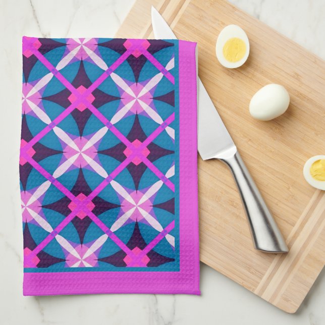 Retro Magenta and Teal Blue Diamond Pattern Tea  Towel (Quarter Fold)
