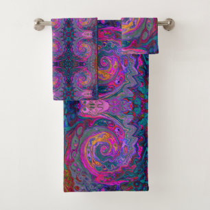 Retro Magenta, Green and Orange Abstract Swirl Bath Towel Set