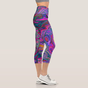 Retro Magenta, Green and Orange Abstract Swirl Capri Leggings