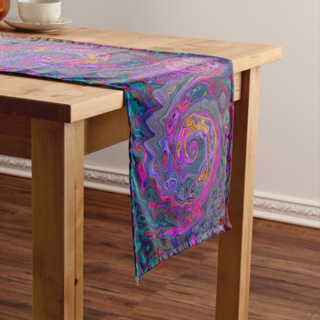 Retro Magenta, Green and Orange Abstract Swirl Long Table Runner (In Situ)