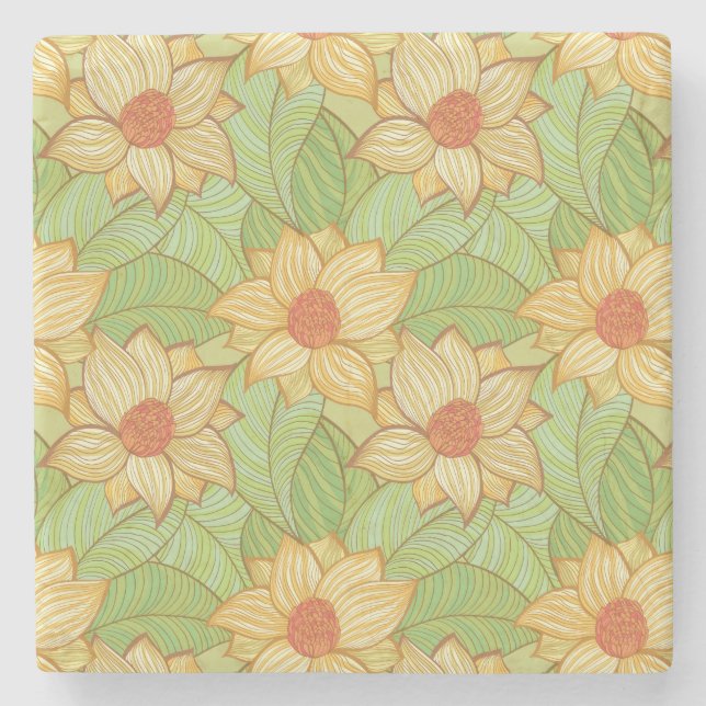 Retro Magnolia Pattern Stone Coaster (Front)