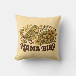Retro Mama Bird Art – 1970s Vintage Nature Illustr Cushion