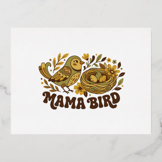 Retro Mama Bird Art – 1970s Vintage Nature Illustr Foil Holiday Postcard