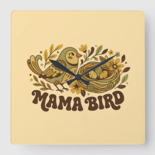 Retro Mama Bird Art – 1970s Vintage Nature Illustr Square Wall Clock