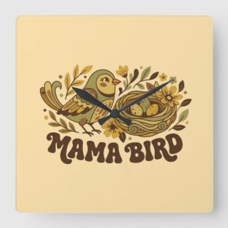 Retro Mama Bird Art – 1970s Vintage Nature Illustr Square Wall Clock