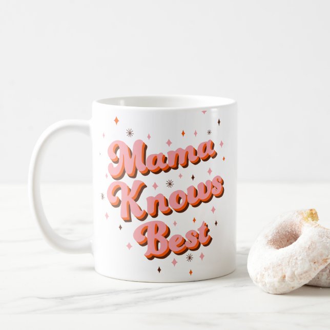 Retro Mama Knows Best Pink Brown 70s Lettering Coffee Mug (With Donut)