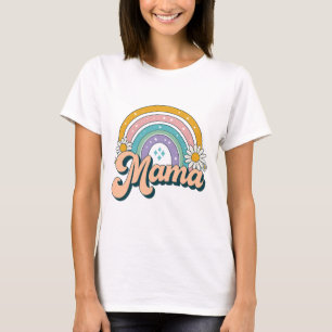 Retro Mama Rainbow Groovy 70s Pastel Floral Mum T-Shirt