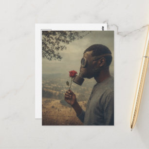 Retro man in a Gas Mask With Red Rose Postcard