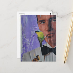 Retro Man Smoking and a Cute Little Bird Collage Postcard