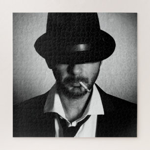 Retro man smoking jigsaw puzzle