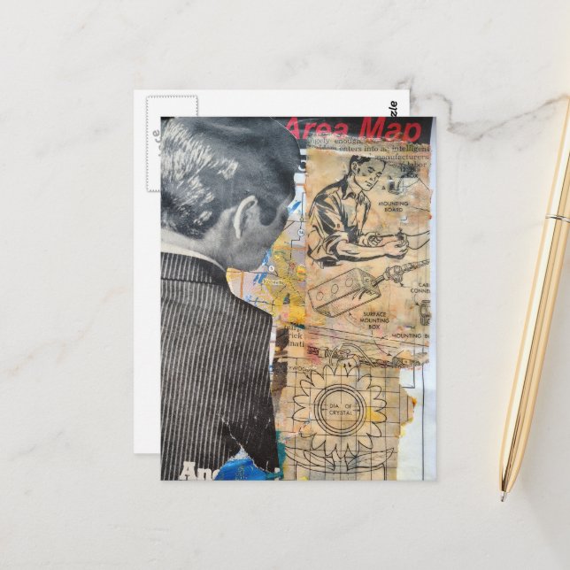 Retro man working Mixed media collage Postcard (Front/Back In Situ)