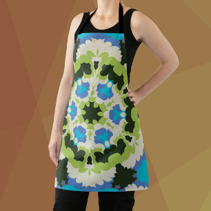 Retro Mandala Blue Green White and Black Apron