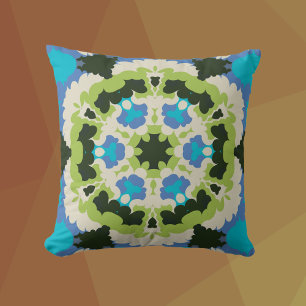Retro Mandala Blue Green White and Black Cushion