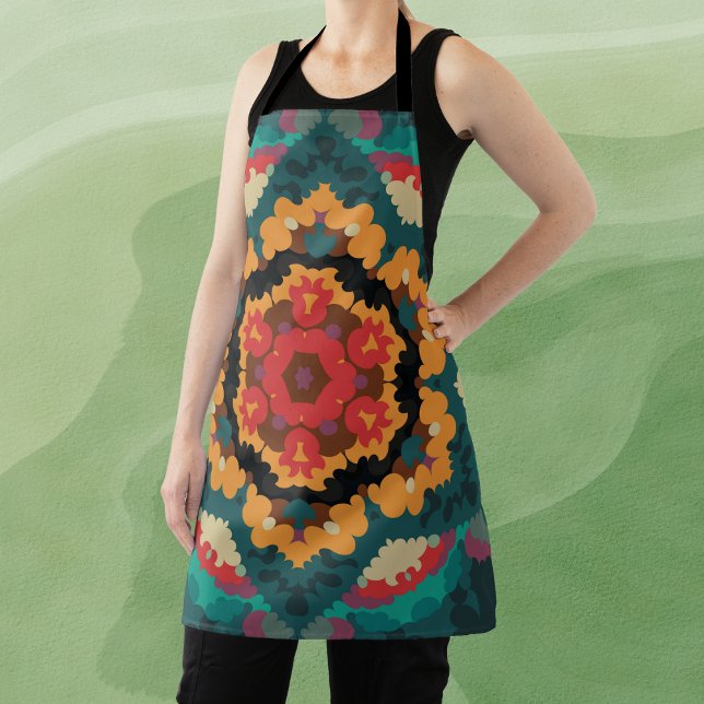 Retro Mandala Blue Orange and Red Apron (Creator Uploaded)