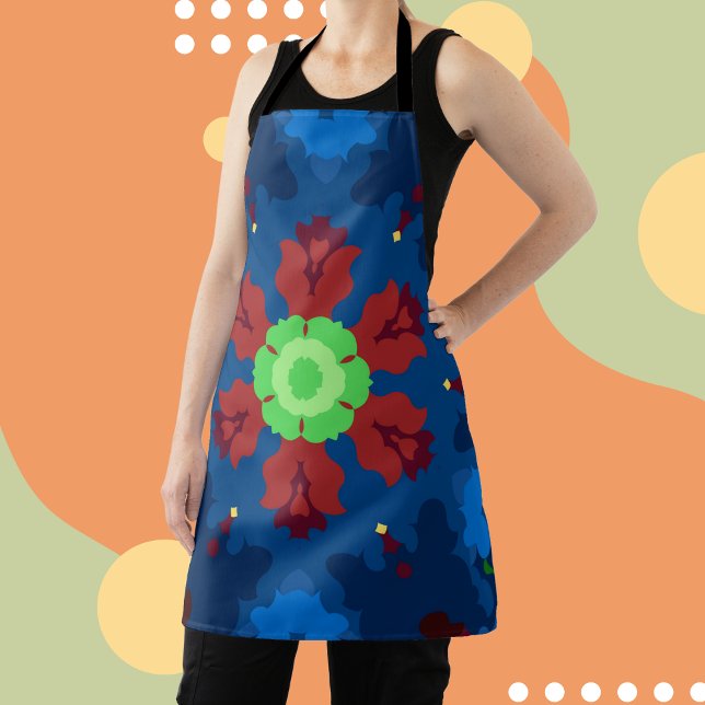 Retro Mandala Blue Red and Green Apron (Creator Uploaded)