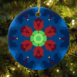 Retro Mandala Blue Red and Green Ceramic Ornament