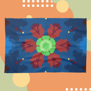 Retro Mandala Blue Red and Green Tea Towel
