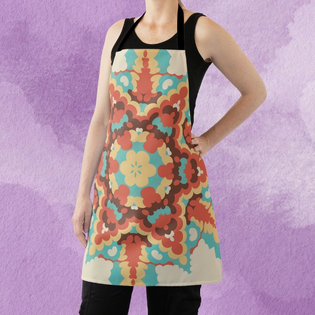 Retro Mandala Blue Red and Yellow Apron (Creator Uploaded)