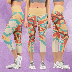 Retro Mandala Blue Red and Yellow Capri Leggings