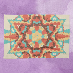 Retro Mandala Blue Red and Yellow Tea Towel