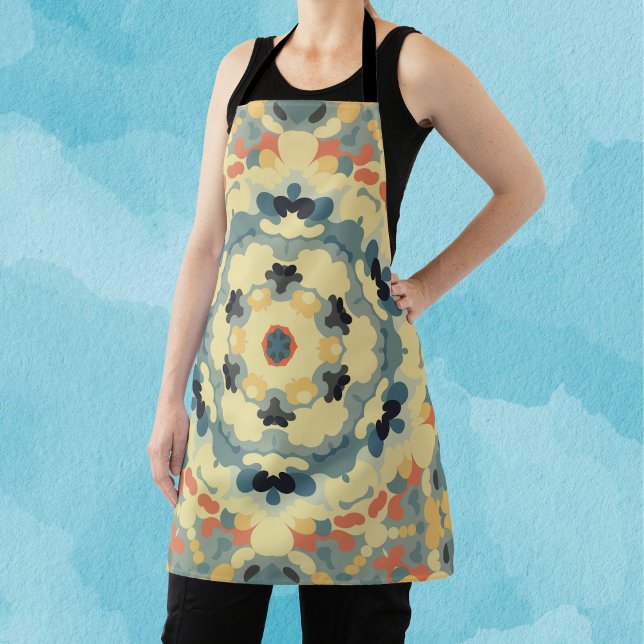 Retro Mandala Blue Yellow and Red Apron (Creator Uploaded)