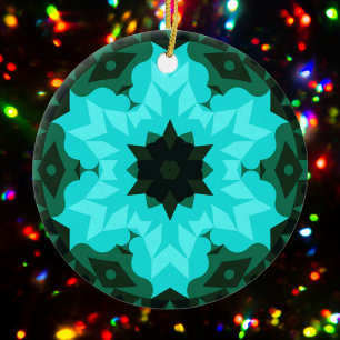 Retro Mandala Flower Blue and Green Ceramic Ornament