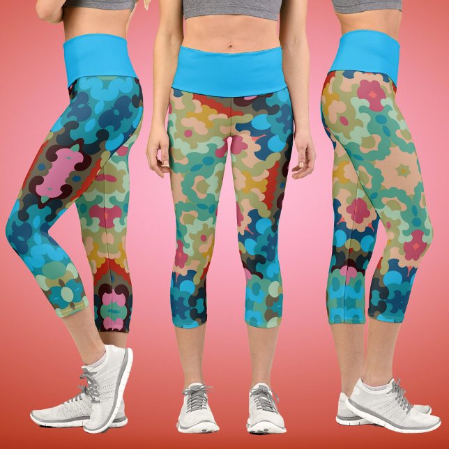 Retro Mandala Flower Blue Green and Pink Capri Leggings (Creator Uploaded)