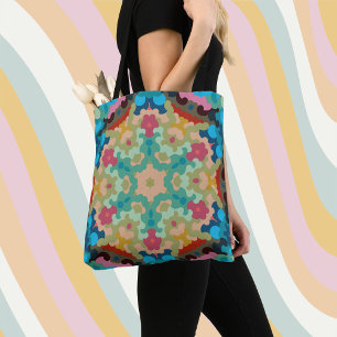 Retro Mandala Flower Blue Green and Pink Tote Bag