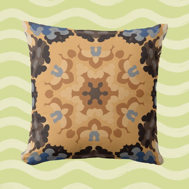 Retro Mandala Flower Blue Orange and Brown Cushion (Creator Uploaded)