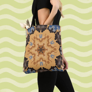 Retro Mandala Flower Blue Orange and Brown Tote Bag