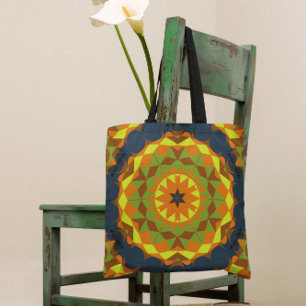 Retro Mandala Flower Blue Orange and Yellow Tote Bag