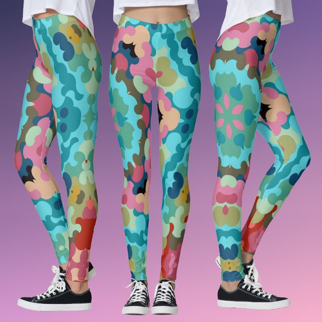 Retro Mandala Flower Blue Pink and Green Leggings (Creator Uploaded)