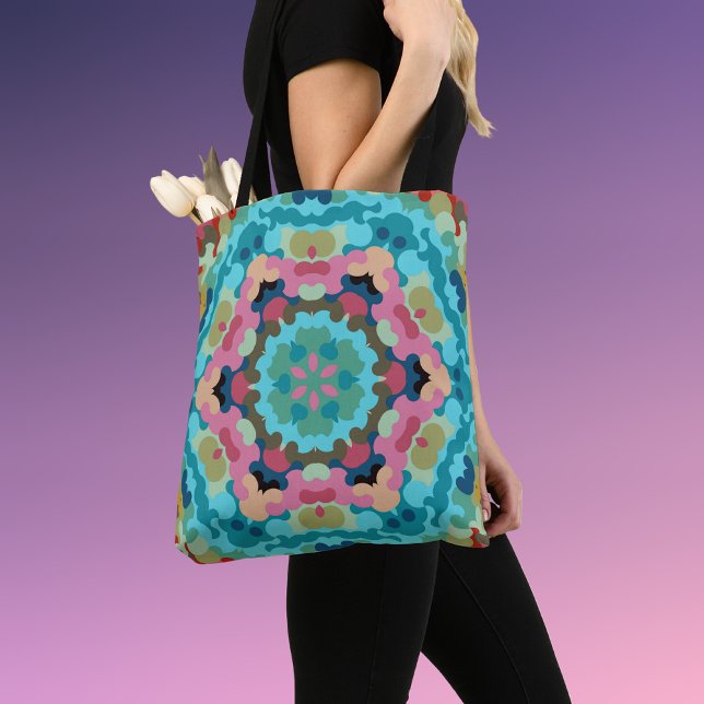 Retro Mandala Flower Blue Pink and Green Tote Bag (Creator Uploaded)