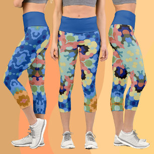 Retro Mandala Flower Blue Pink and Yellow Capri Leggings