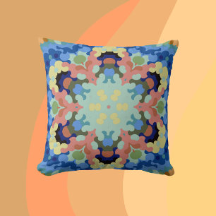 Retro Mandala Flower Blue Pink and Yellow Cushion