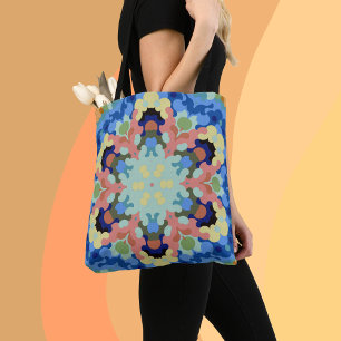 Retro Mandala Flower Blue Pink and Yellow Tote Bag