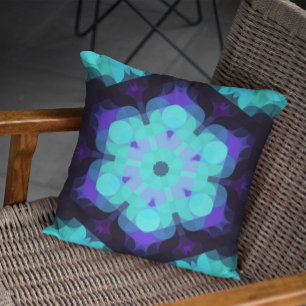 Retro Mandala Flower Blue Purple and Green Cushion