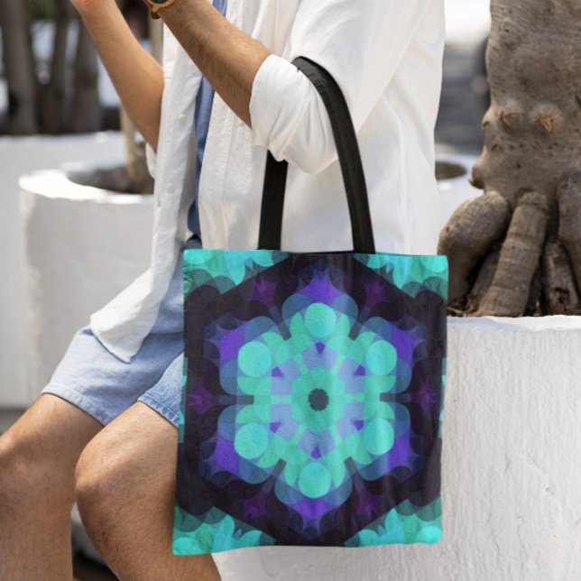 Retro Mandala Flower Blue Purple and Green Tote Bag (Creator Uploaded)