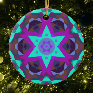 Retro Mandala Flower Blue Purple and Pink Ceramic Ornament