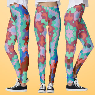 Retro Mandala Flower Blue Red and Teal Leggings