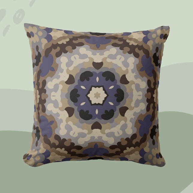Retro Mandala Flower Blue Tan and Brown Cushion (Creator Uploaded)